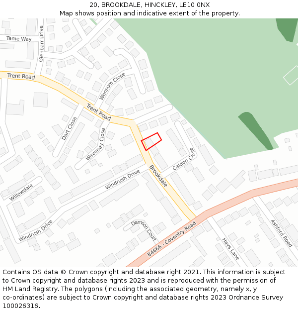 20, BROOKDALE, HINCKLEY, LE10 0NX: Location map and indicative extent of plot