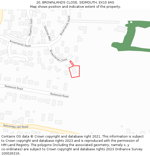 20, BROWNLANDS CLOSE, SIDMOUTH, EX10 9AS: Location map and indicative extent of plot