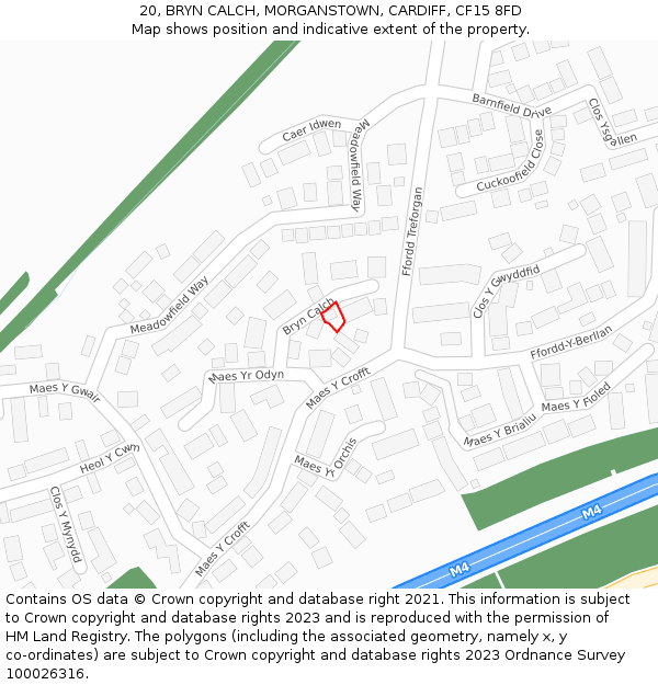 20, BRYN CALCH, MORGANSTOWN, CARDIFF, CF15 8FD: Location map and indicative extent of plot