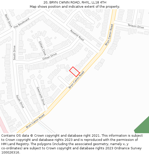 20, BRYN CWNIN ROAD, RHYL, LL18 4TH: Location map and indicative extent of plot