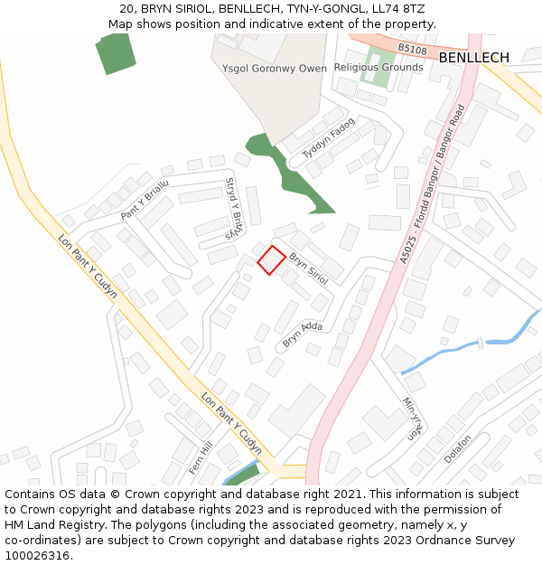 20, BRYN SIRIOL, BENLLECH, TYN-Y-GONGL, LL74 8TZ: Location map and indicative extent of plot