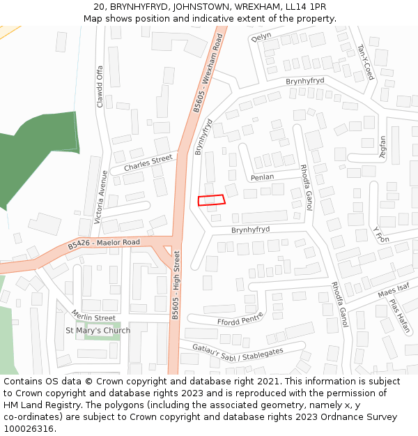 20, BRYNHYFRYD, JOHNSTOWN, WREXHAM, LL14 1PR: Location map and indicative extent of plot