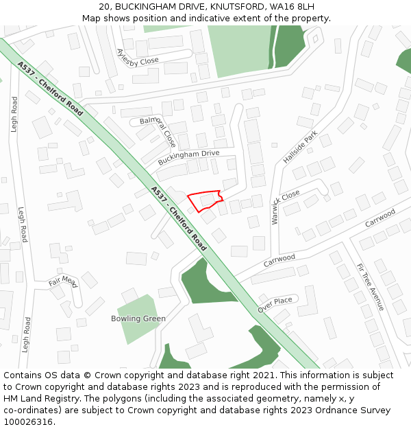 20, BUCKINGHAM DRIVE, KNUTSFORD, WA16 8LH: Location map and indicative extent of plot
