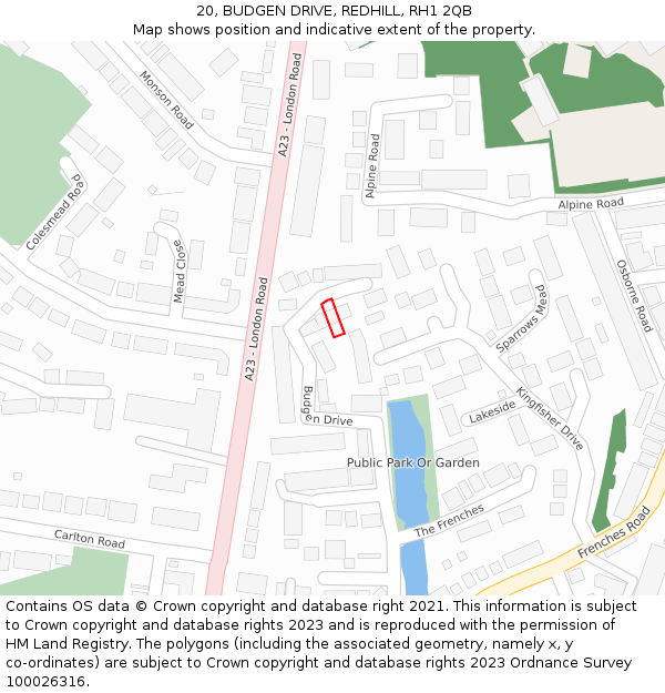20, BUDGEN DRIVE, REDHILL, RH1 2QB: Location map and indicative extent of plot