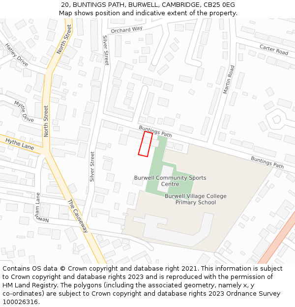 20, BUNTINGS PATH, BURWELL, CAMBRIDGE, CB25 0EG: Location map and indicative extent of plot