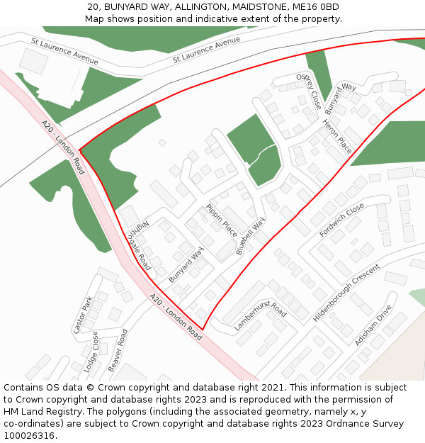 20, BUNYARD WAY, ALLINGTON, MAIDSTONE, ME16 0BD: Location map and indicative extent of plot