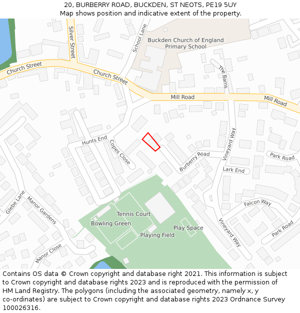 20, BURBERRY ROAD, BUCKDEN, ST NEOTS, PE19 5UY: Location map and indicative extent of plot