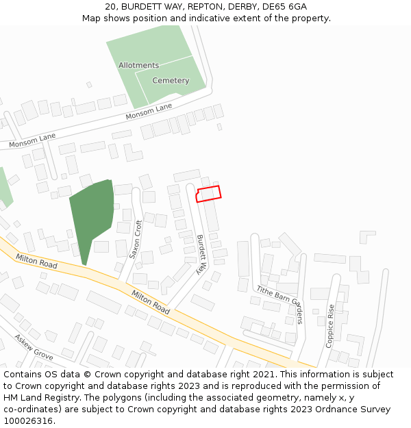 20, BURDETT WAY, REPTON, DERBY, DE65 6GA: Location map and indicative extent of plot