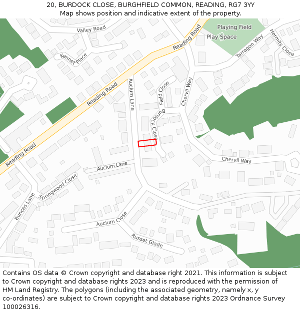 20, BURDOCK CLOSE, BURGHFIELD COMMON, READING, RG7 3YY: Location map and indicative extent of plot