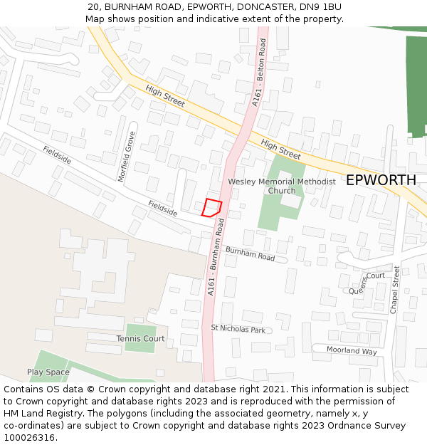 20, BURNHAM ROAD, EPWORTH, DONCASTER, DN9 1BU: Location map and indicative extent of plot
