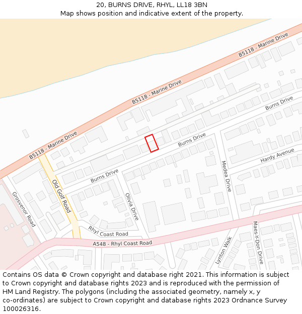 20, BURNS DRIVE, RHYL, LL18 3BN: Location map and indicative extent of plot