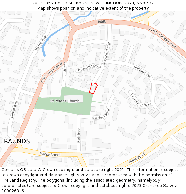 20, BURYSTEAD RISE, RAUNDS, WELLINGBOROUGH, NN9 6RZ: Location map and indicative extent of plot