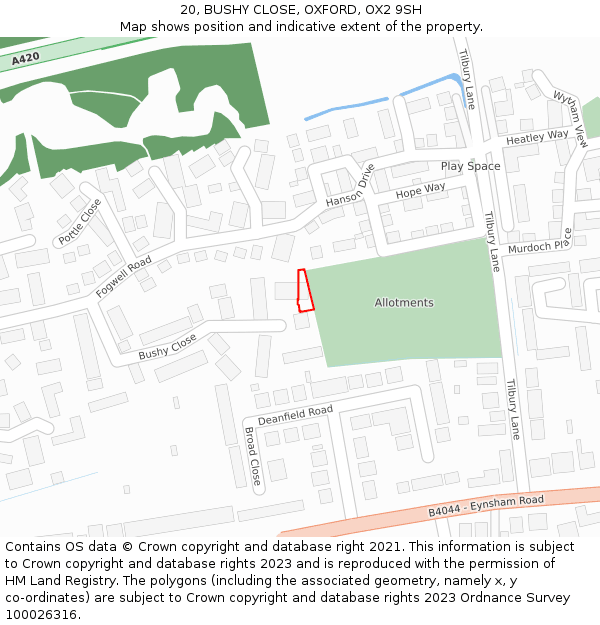 20, BUSHY CLOSE, OXFORD, OX2 9SH: Location map and indicative extent of plot