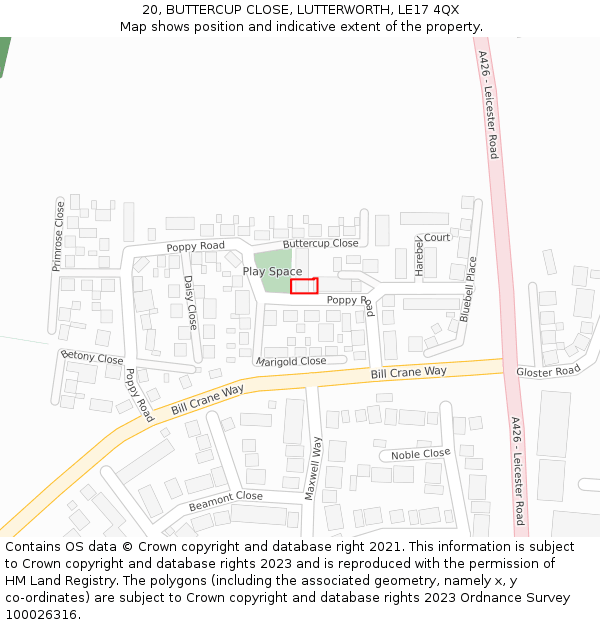 20, BUTTERCUP CLOSE, LUTTERWORTH, LE17 4QX: Location map and indicative extent of plot
