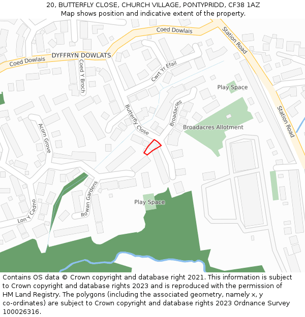 20, BUTTERFLY CLOSE, CHURCH VILLAGE, PONTYPRIDD, CF38 1AZ: Location map and indicative extent of plot