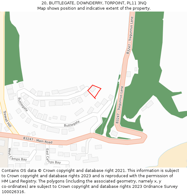 20, BUTTLEGATE, DOWNDERRY, TORPOINT, PL11 3NQ: Location map and indicative extent of plot