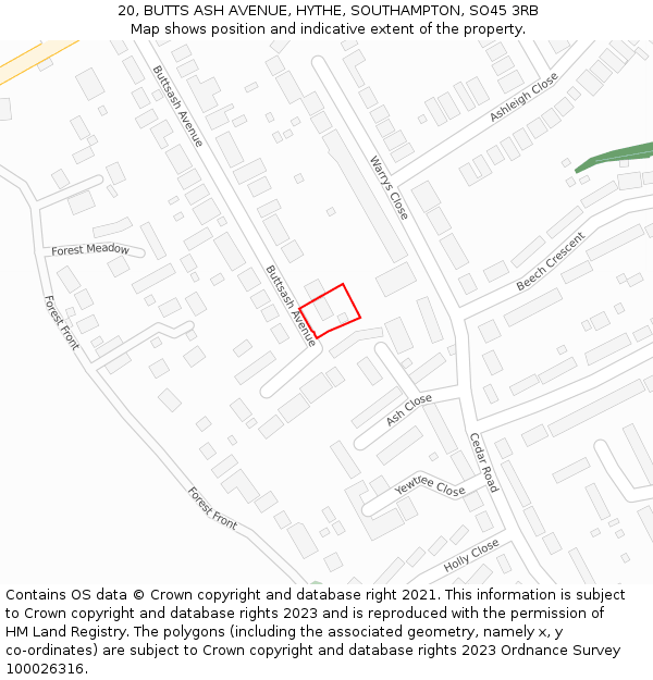 20, BUTTS ASH AVENUE, HYTHE, SOUTHAMPTON, SO45 3RB: Location map and indicative extent of plot
