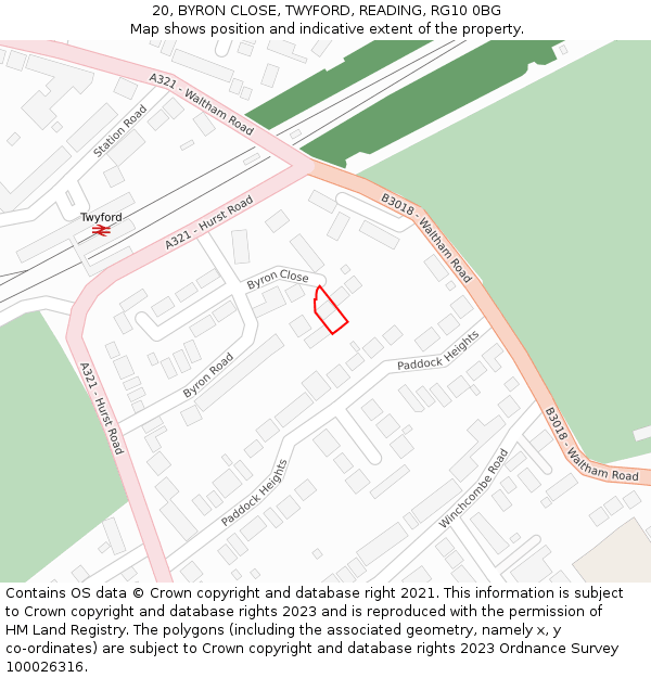 20, BYRON CLOSE, TWYFORD, READING, RG10 0BG: Location map and indicative extent of plot