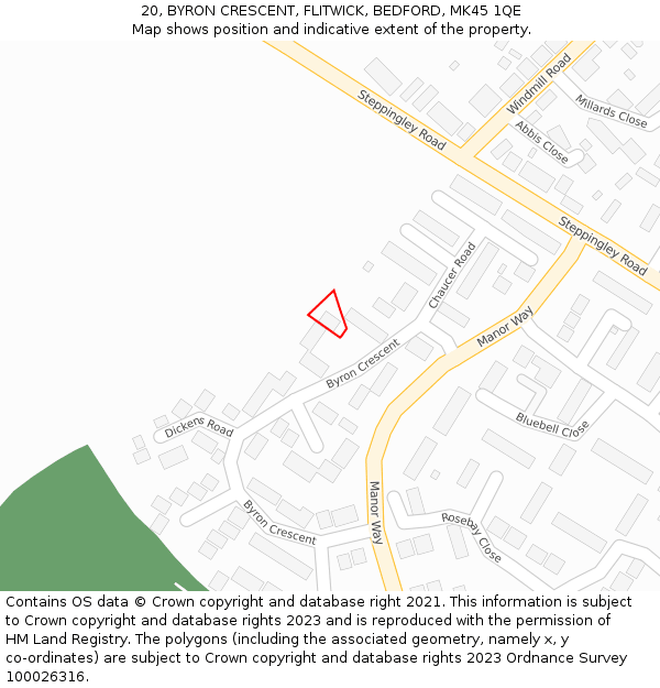 20, BYRON CRESCENT, FLITWICK, BEDFORD, MK45 1QE: Location map and indicative extent of plot