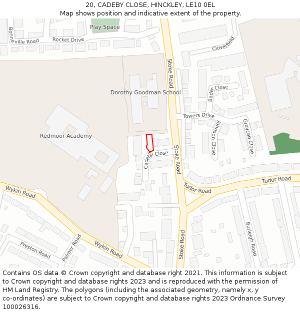 20, CADEBY CLOSE, HINCKLEY, LE10 0EL: Location map and indicative extent of plot