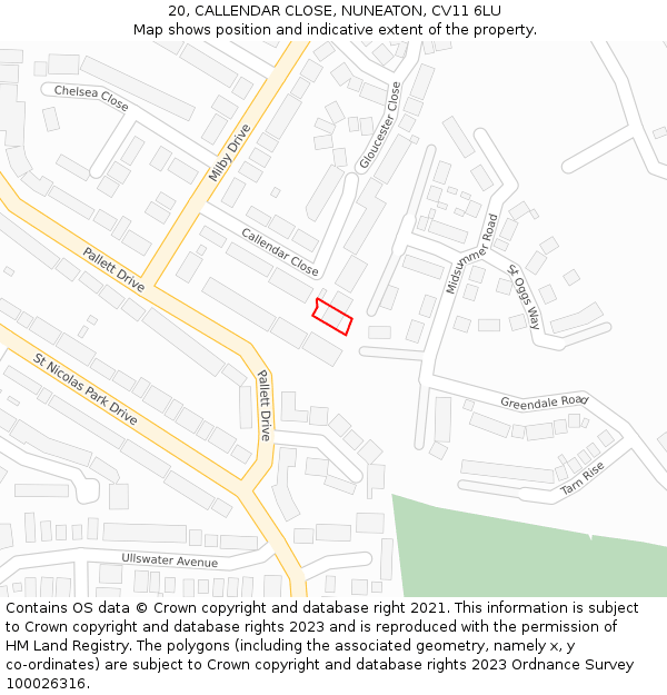 20, CALLENDAR CLOSE, NUNEATON, CV11 6LU: Location map and indicative extent of plot