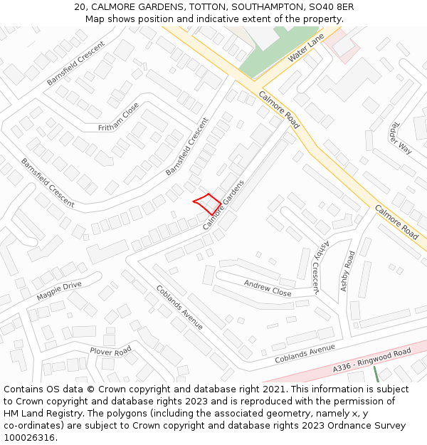 20, CALMORE GARDENS, TOTTON, SOUTHAMPTON, SO40 8ER: Location map and indicative extent of plot