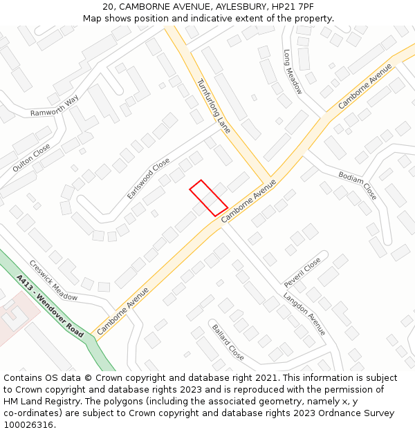 20, CAMBORNE AVENUE, AYLESBURY, HP21 7PF: Location map and indicative extent of plot