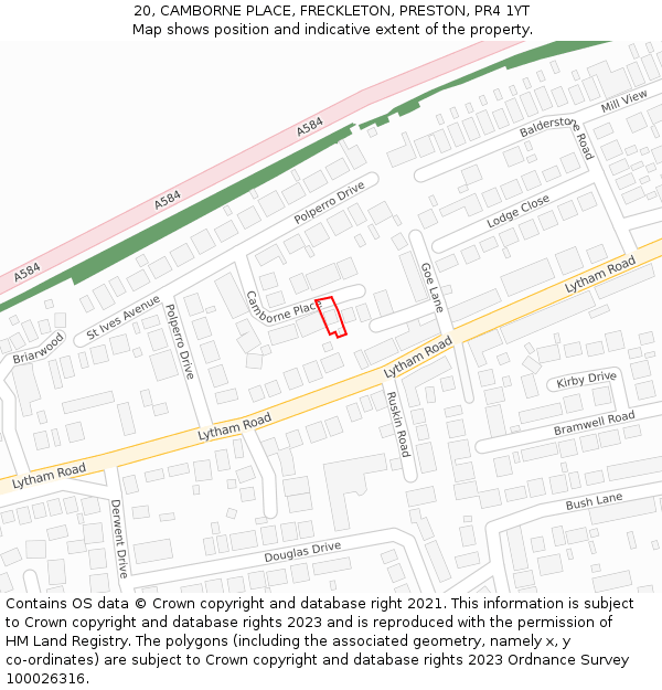 20, CAMBORNE PLACE, FRECKLETON, PRESTON, PR4 1YT: Location map and indicative extent of plot
