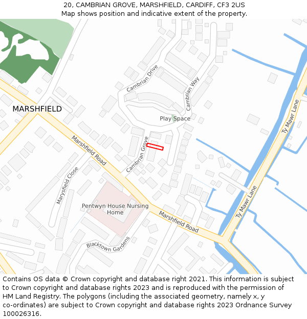 20, CAMBRIAN GROVE, MARSHFIELD, CARDIFF, CF3 2US: Location map and indicative extent of plot