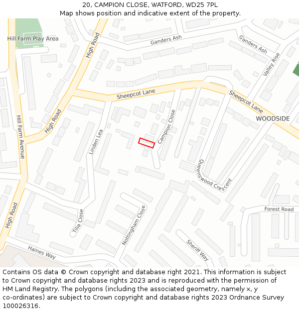20, CAMPION CLOSE, WATFORD, WD25 7PL: Location map and indicative extent of plot