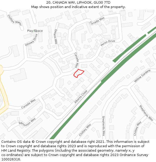 20, CANADA WAY, LIPHOOK, GU30 7TD: Location map and indicative extent of plot