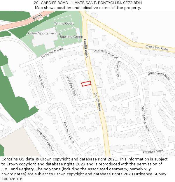 20, CARDIFF ROAD, LLANTRISANT, PONTYCLUN, CF72 8DH: Location map and indicative extent of plot