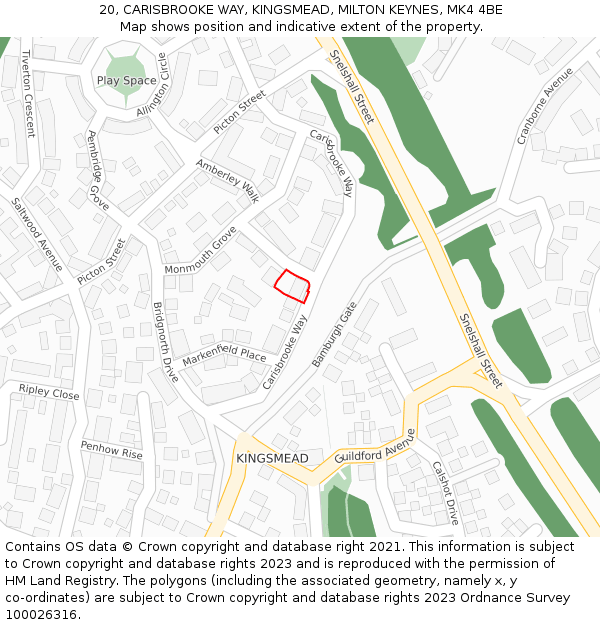 20, CARISBROOKE WAY, KINGSMEAD, MILTON KEYNES, MK4 4BE: Location map and indicative extent of plot