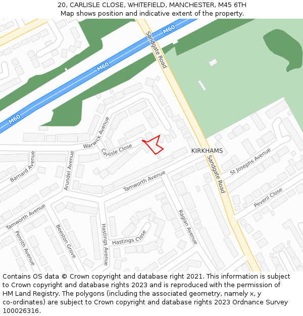 20, CARLISLE CLOSE, WHITEFIELD, MANCHESTER, M45 6TH: Location map and indicative extent of plot
