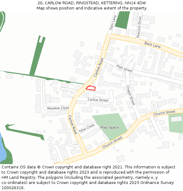 20, CARLOW ROAD, RINGSTEAD, KETTERING, NN14 4DW: Location map and indicative extent of plot