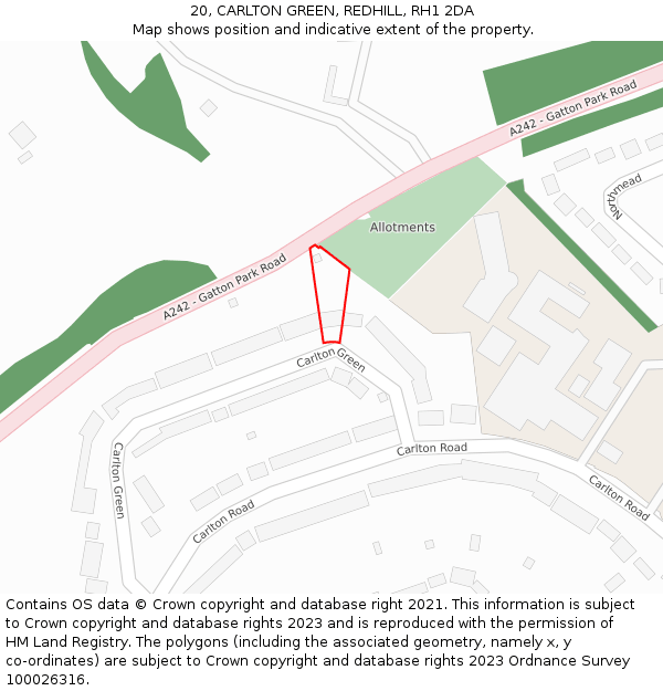 20, CARLTON GREEN, REDHILL, RH1 2DA: Location map and indicative extent of plot