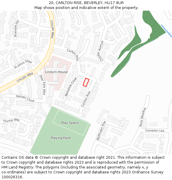 20, CARLTON RISE, BEVERLEY, HU17 8UR: Location map and indicative extent of plot