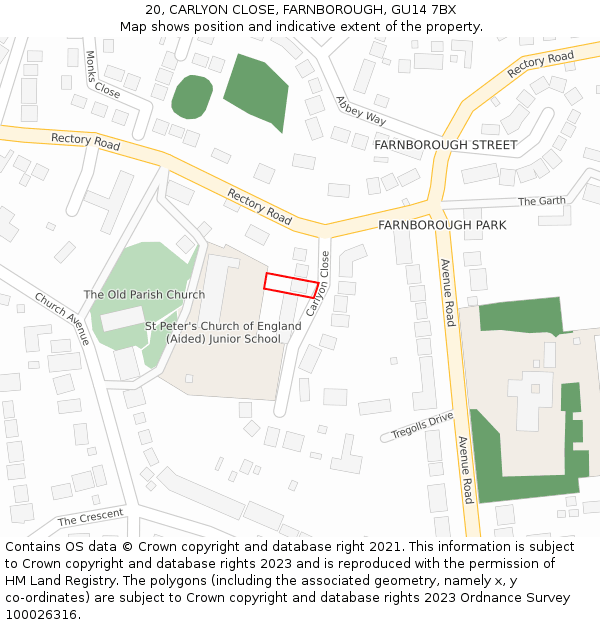 20, CARLYON CLOSE, FARNBOROUGH, GU14 7BX: Location map and indicative extent of plot