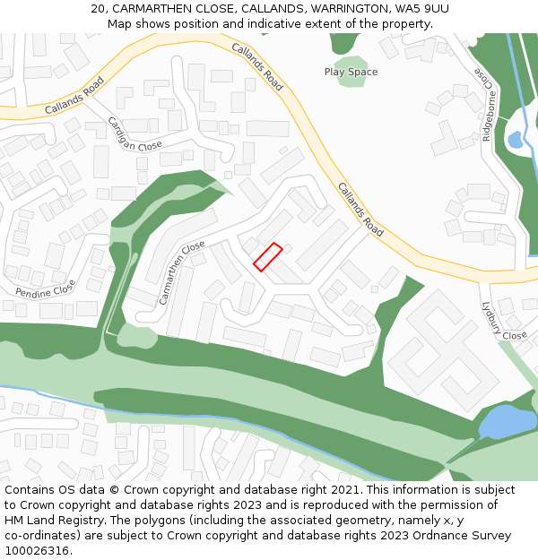 20, CARMARTHEN CLOSE, CALLANDS, WARRINGTON, WA5 9UU: Location map and indicative extent of plot