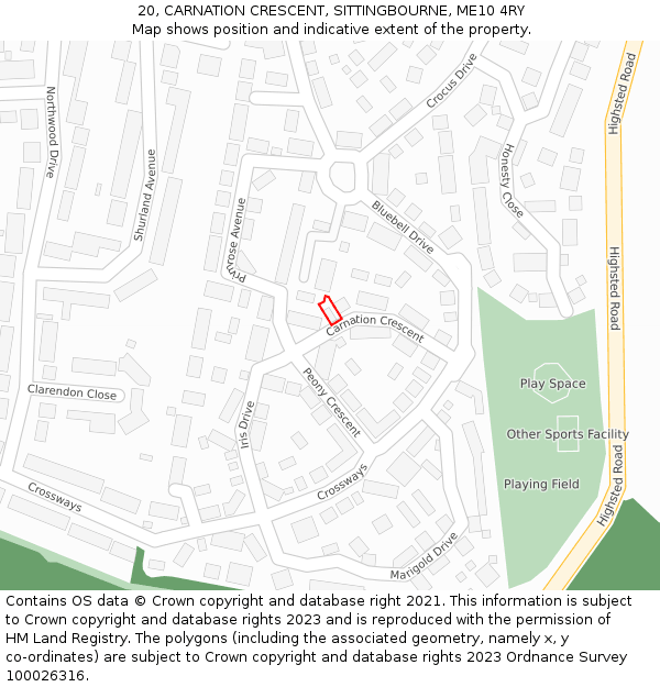 20, CARNATION CRESCENT, SITTINGBOURNE, ME10 4RY: Location map and indicative extent of plot