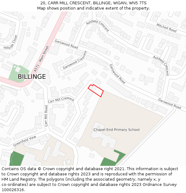 20, CARR MILL CRESCENT, BILLINGE, WIGAN, WN5 7TS: Location map and indicative extent of plot