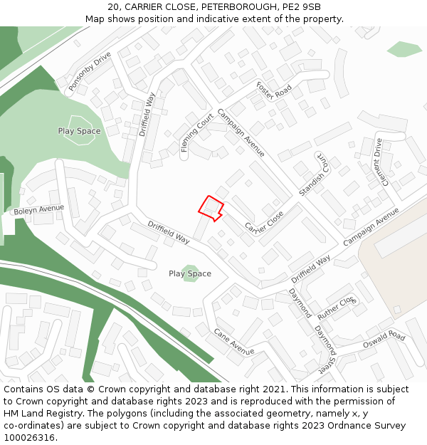 20, CARRIER CLOSE, PETERBOROUGH, PE2 9SB: Location map and indicative extent of plot