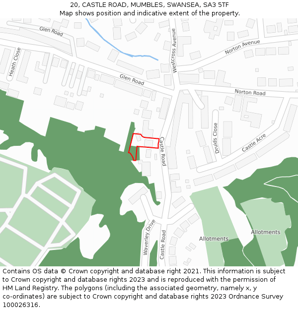 20, CASTLE ROAD, MUMBLES, SWANSEA, SA3 5TF: Location map and indicative extent of plot