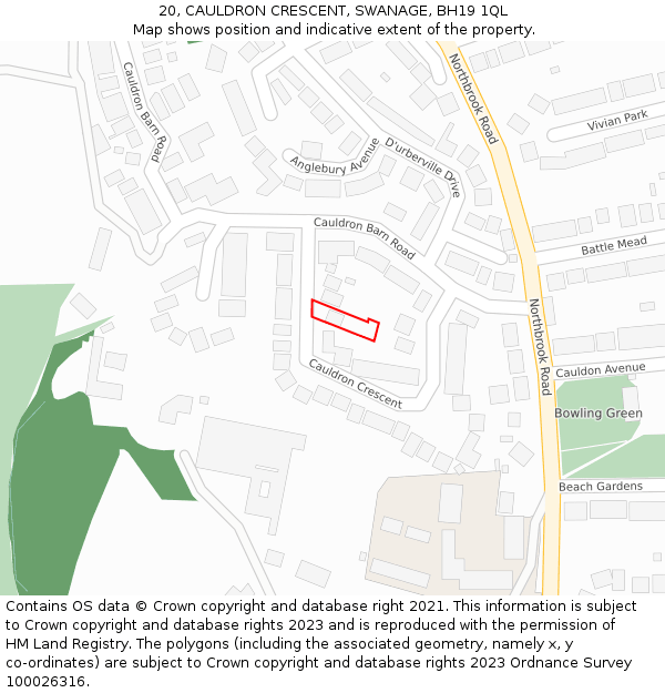 20, CAULDRON CRESCENT, SWANAGE, BH19 1QL: Location map and indicative extent of plot