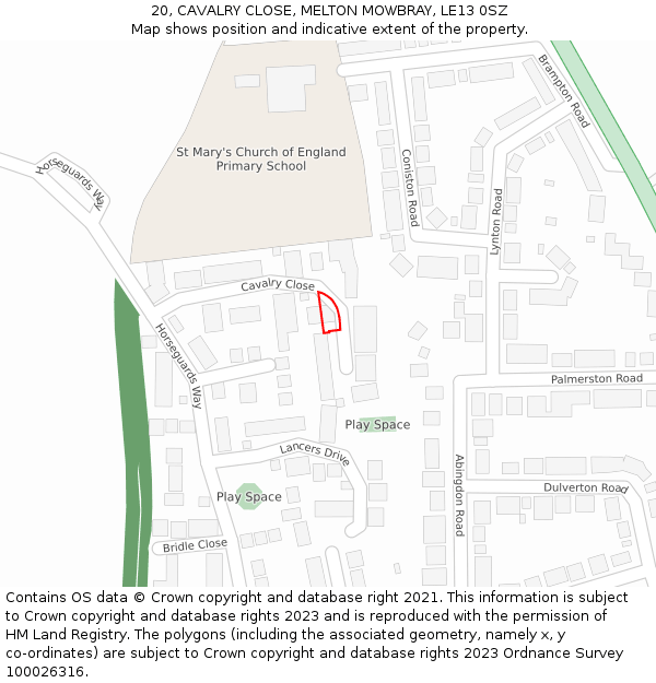 20, CAVALRY CLOSE, MELTON MOWBRAY, LE13 0SZ: Location map and indicative extent of plot