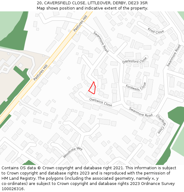20, CAVERSFIELD CLOSE, LITTLEOVER, DERBY, DE23 3SR: Location map and indicative extent of plot