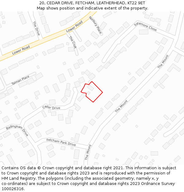 20, CEDAR DRIVE, FETCHAM, LEATHERHEAD, KT22 9ET: Location map and indicative extent of plot