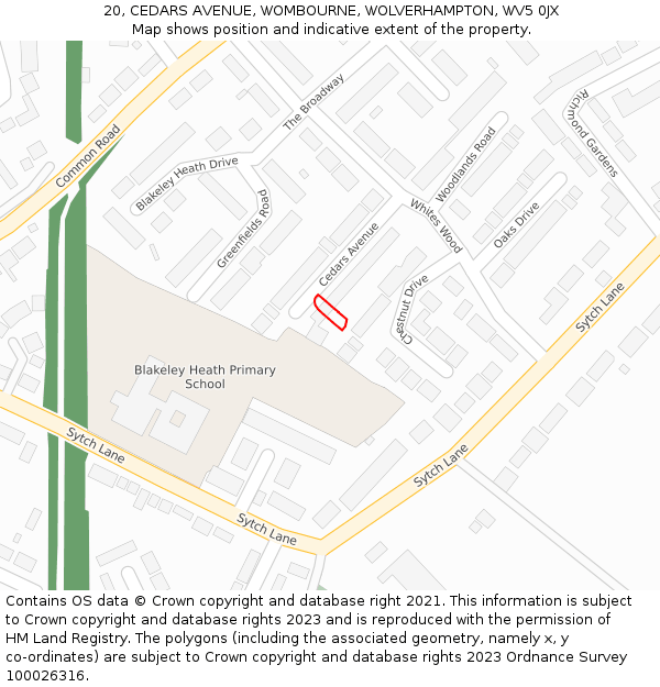 20, CEDARS AVENUE, WOMBOURNE, WOLVERHAMPTON, WV5 0JX: Location map and indicative extent of plot