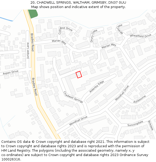 20, CHADWELL SPRINGS, WALTHAM, GRIMSBY, DN37 0UU: Location map and indicative extent of plot