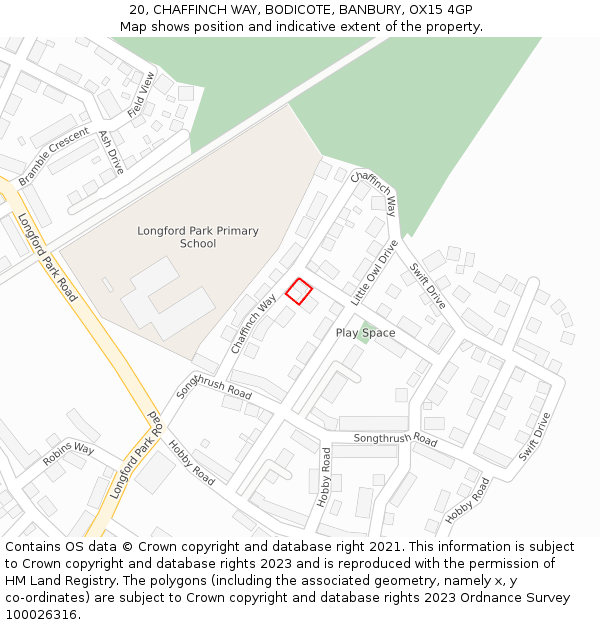 20, CHAFFINCH WAY, BODICOTE, BANBURY, OX15 4GP: Location map and indicative extent of plot